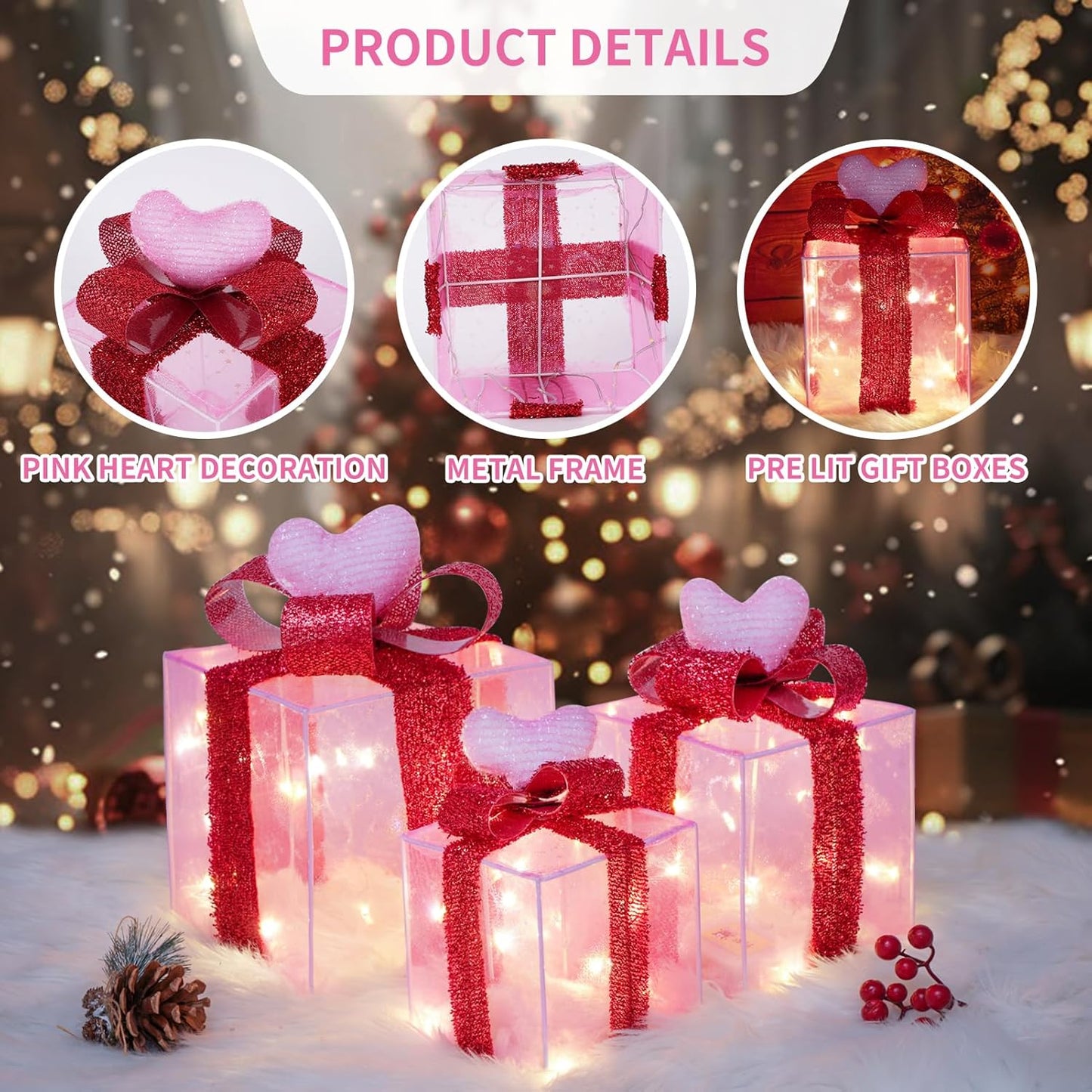 Christmas Joy Lighted Gift Boxes Decorations Set of 3, 2.6Ft Stackable Christmas Nesting Boxes Battery Operated for Home and Party Decoration