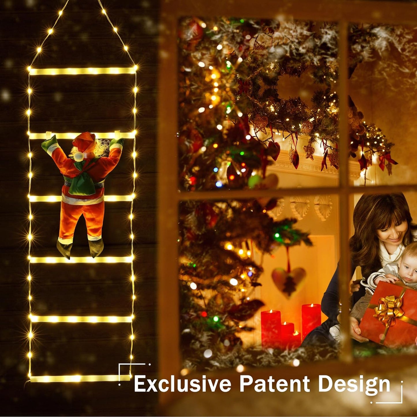 LED Christmas Lights - 10ft Christmas Decorative Ladder Lights with Santa Claus, Xmas Decorations Light for Indoor Outdoor, Window, Garden, Home, Wall, Xmas Tree Decor - Warm White