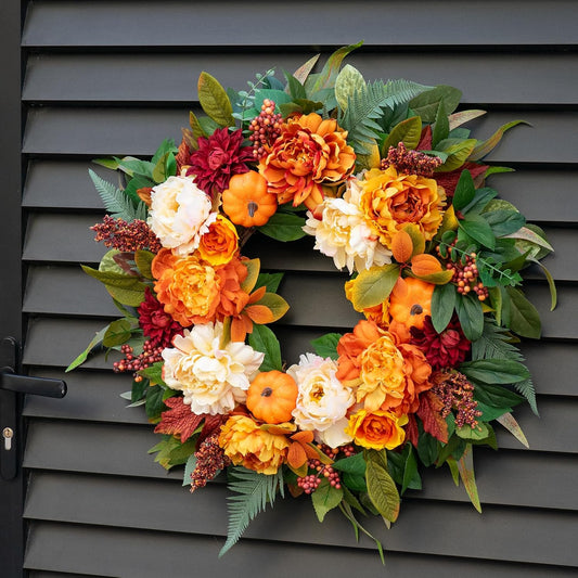 Fall Wreaths for Front Door 24 Inch Fall Door Wreath with Pumpkins, Maple Leaves & Peonies – Autumn Wreath for Outside Front Door, Porch, Farmhouse, or Thanksgiving Decor