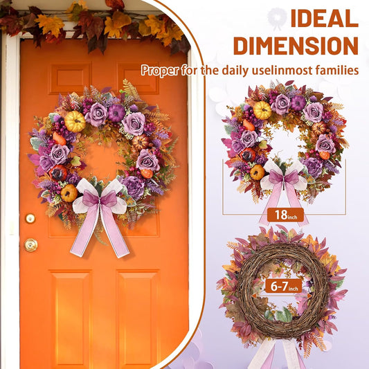 Fall Decor - 2025 Fall Wreaths for Front Door Outside with Blooming Silk Rose, Lifelike Fall Pumpkin Purple Berries & Bow, 18" Fall Door Wreath with Lights for Thanksgiving Door Wall Outside