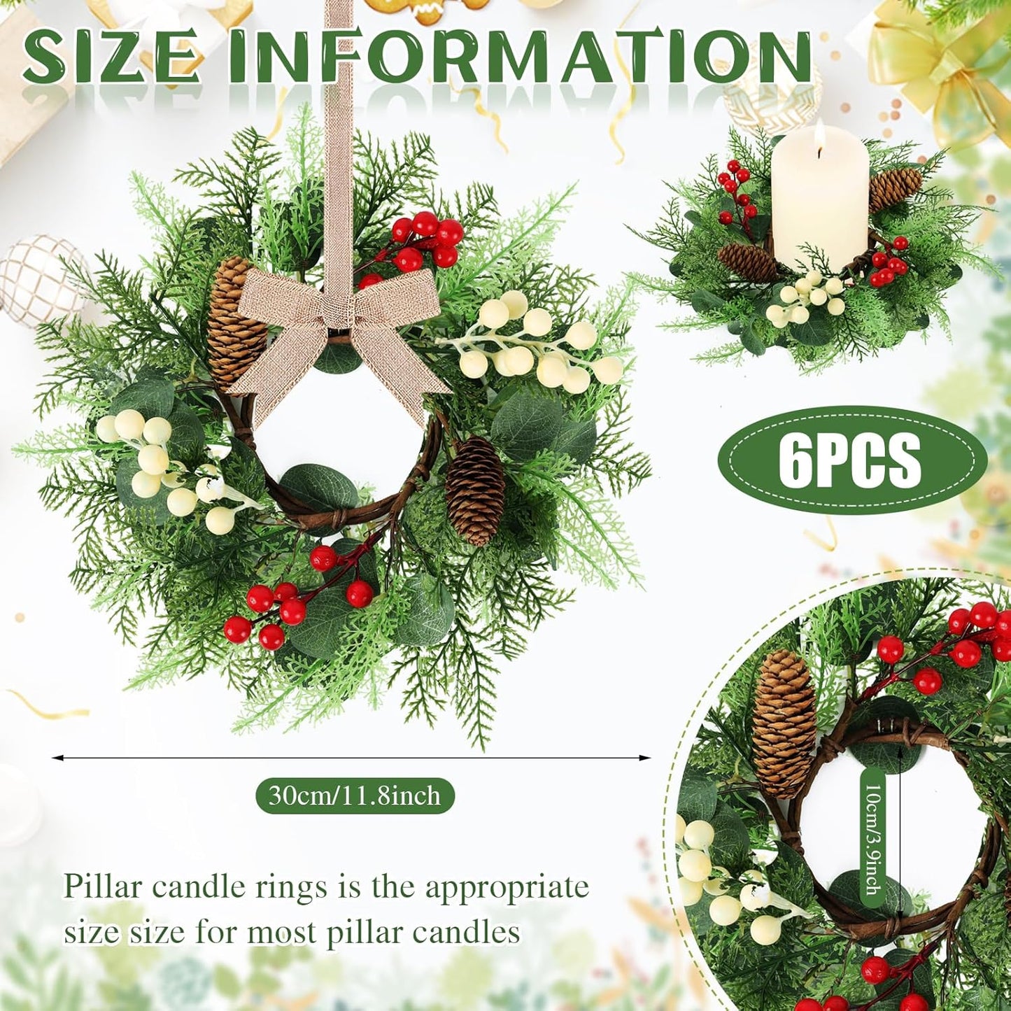24" Christmas Wreaths for Front Door 2 PCS Christmas Teardrop Swag Winter Wreath with Red Ball Red Berry Pine Needles for Indoor Outdoor Farmhouse Home Wall Window Festival Wedding Decor