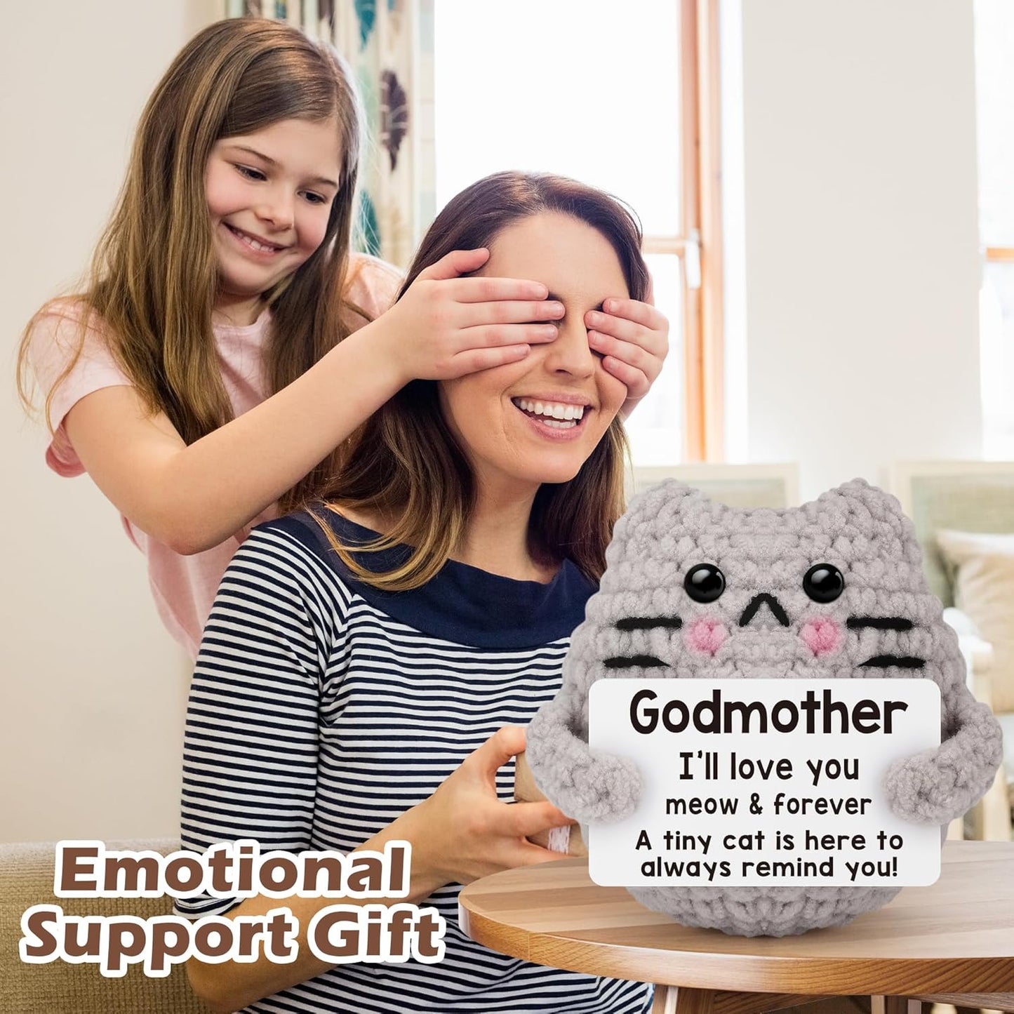 Crochet Cat Easter Basket Stuffers Positive Cat Crochet for Friend for Mom Grandma Dad Grandpa Daughter Son Gifts, Emotional Coworker Sister Brother Support Small Birthday Gifts