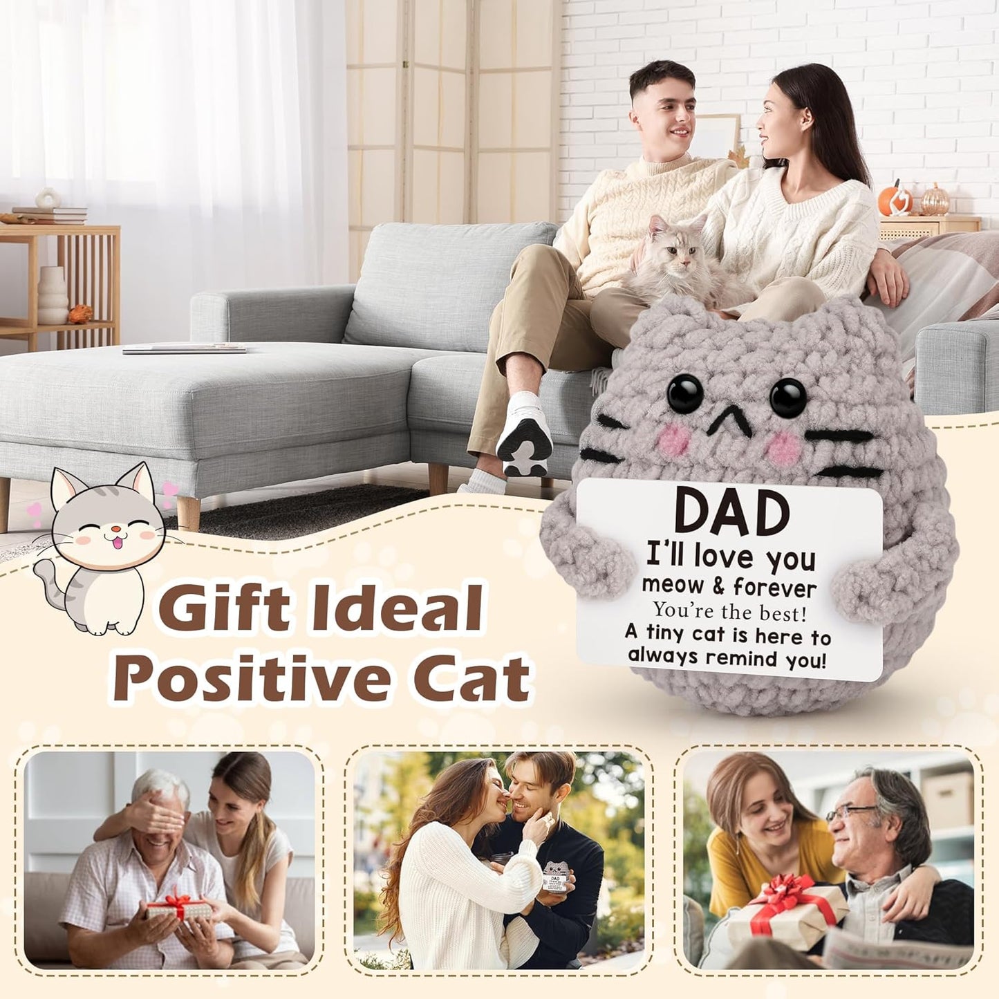 Crochet Cat Easter Basket Stuffers Positive Cat Crochet for Friend for Mom Grandma Dad Grandpa Daughter Son Gifts, Emotional Coworker Sister Brother Support Small Birthday Gifts