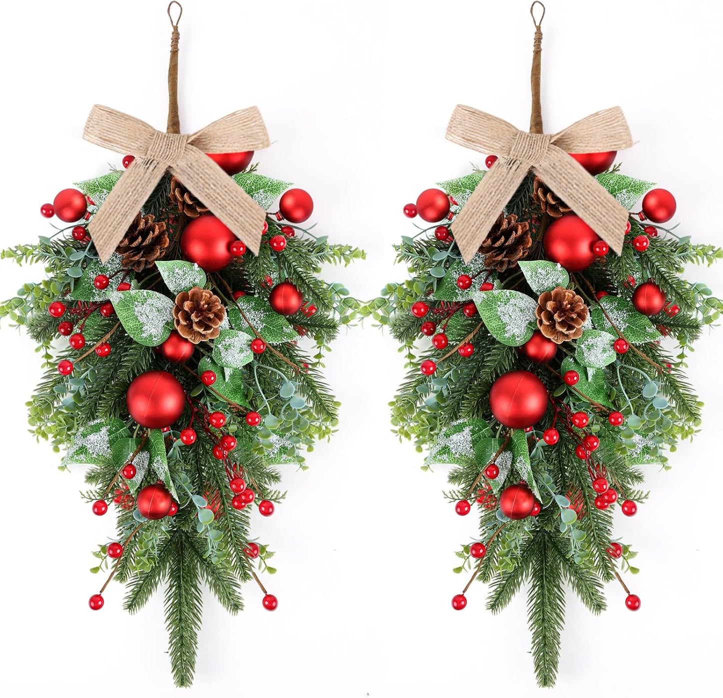 24" Christmas Wreaths for Front Door 2 PCS Christmas Teardrop Swag Winter Wreath with Red Ball Red Berry Pine Needles for Indoor Outdoor Farmhouse Home Wall Window Festival Wedding Decor