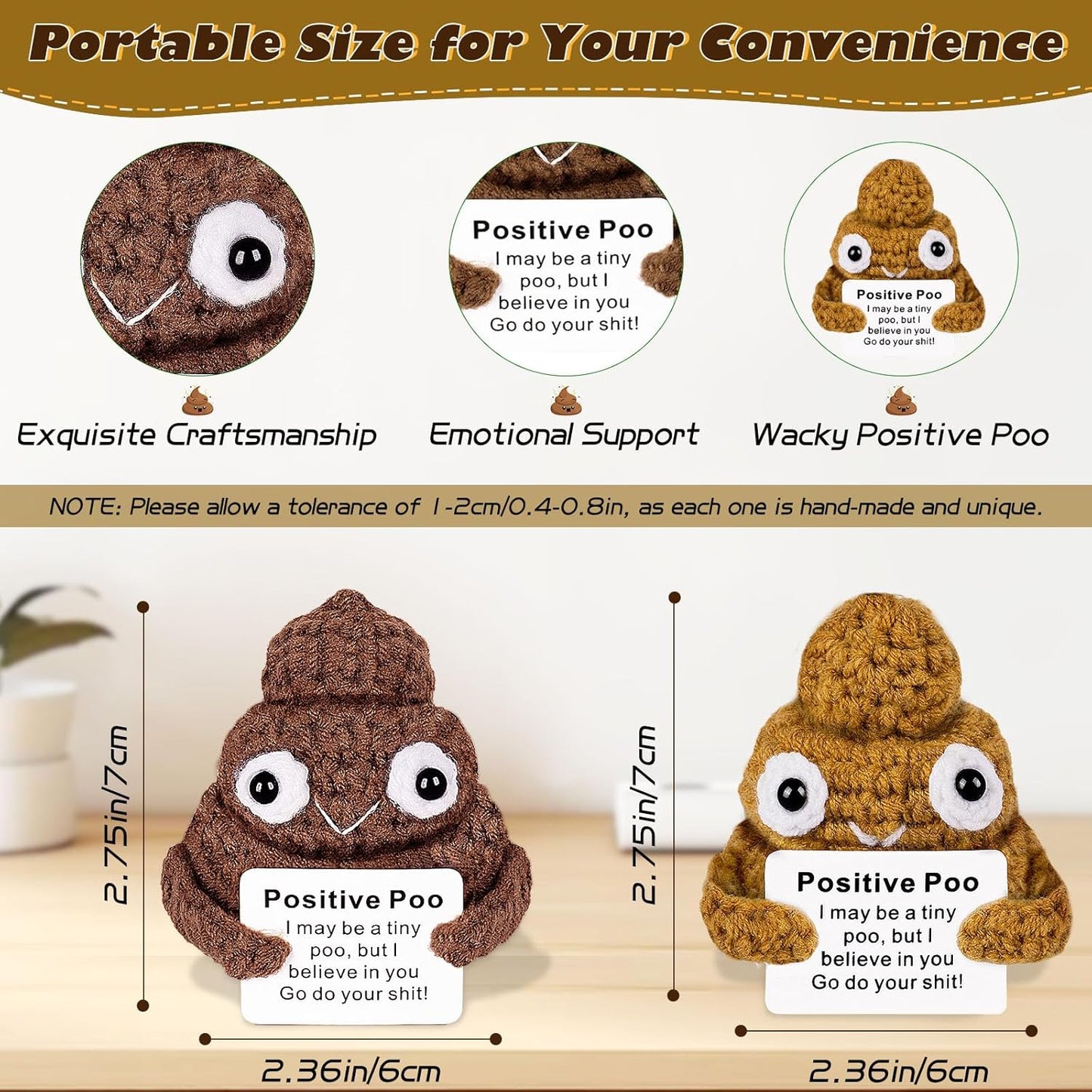 Positive Poo with Affirmations Cards Emotional Crochet Support Positive Energy Gifts for Women Friends Christmas Gag Gift (Brown&Yellow, 2P)