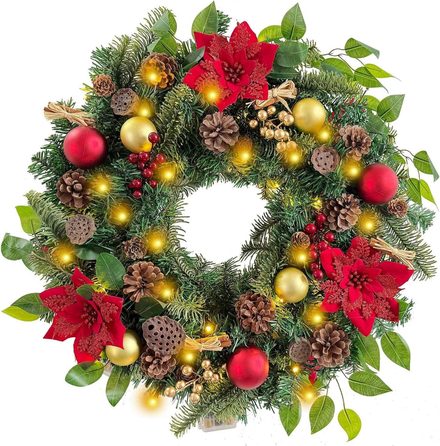 Pre-Lit 24 Inch Lighted Christmas Wreath for Front Door Champagne Gold Christmas Door Wreath Decor with Ball Ornaments, Poinsettia Flowers,Ribbon,Pine Cones,Battery Operated 30 LED Lights