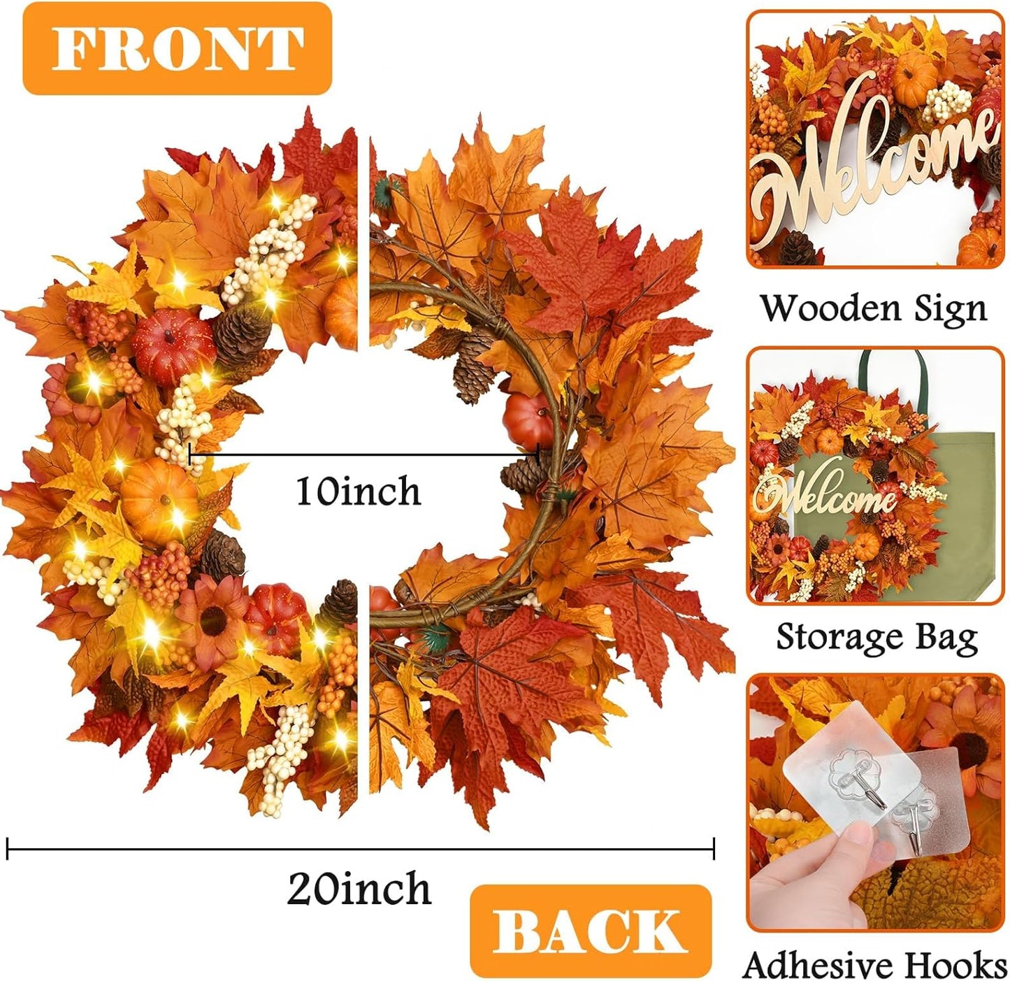 Waipfaru Fall Wreaths for Front Door - 20'' Autumn Wreath with Lights & Welcome Sign & Timer Function, Fall Leaf Reef Farmhouse Thanksgiving Decor for Outdoor Porch Patio