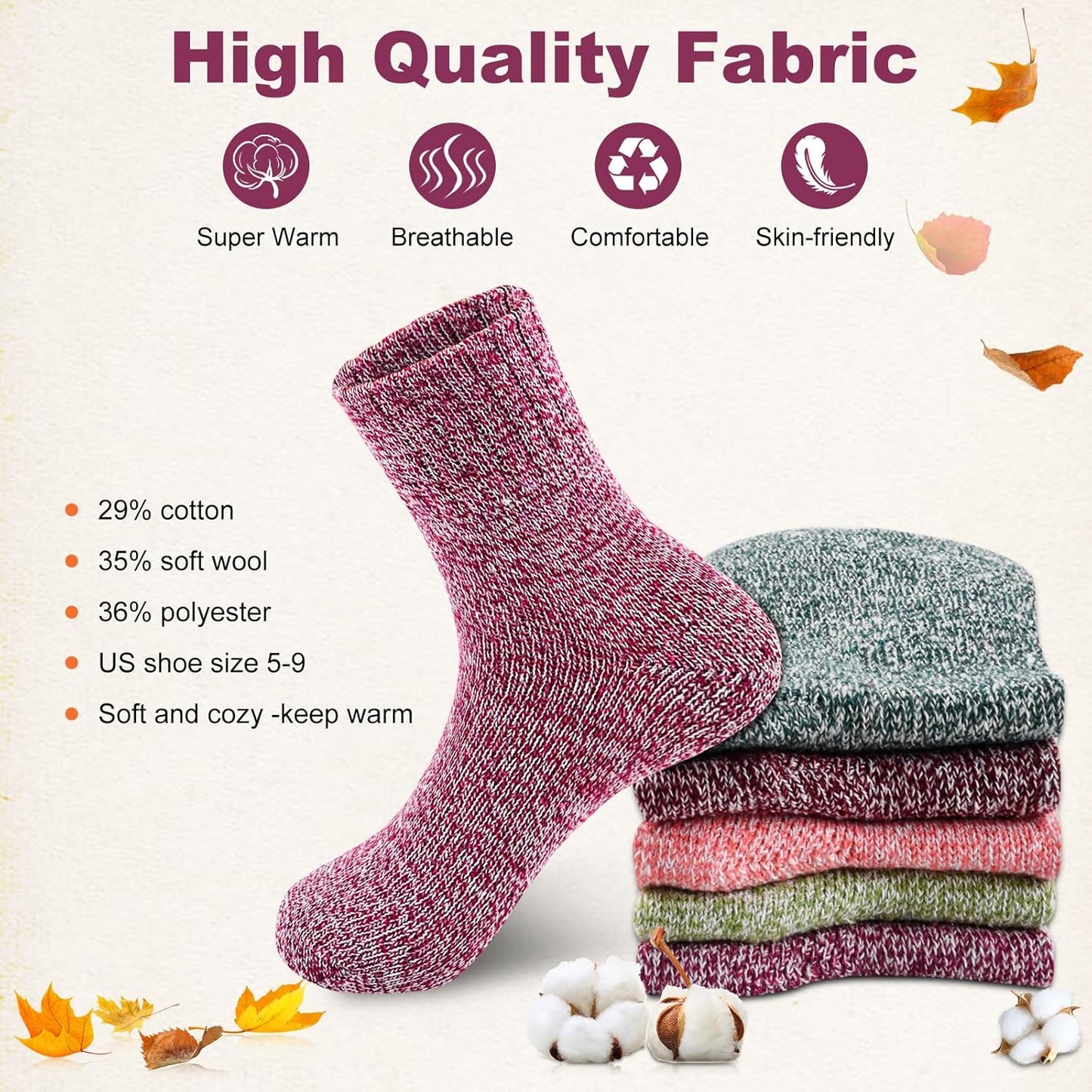 5Pairs Free Size Fuzzy Socks Soft Wool Crew Warm Socks for Women Winter Multicolor Christmas Womens Winter Socks Gift Box