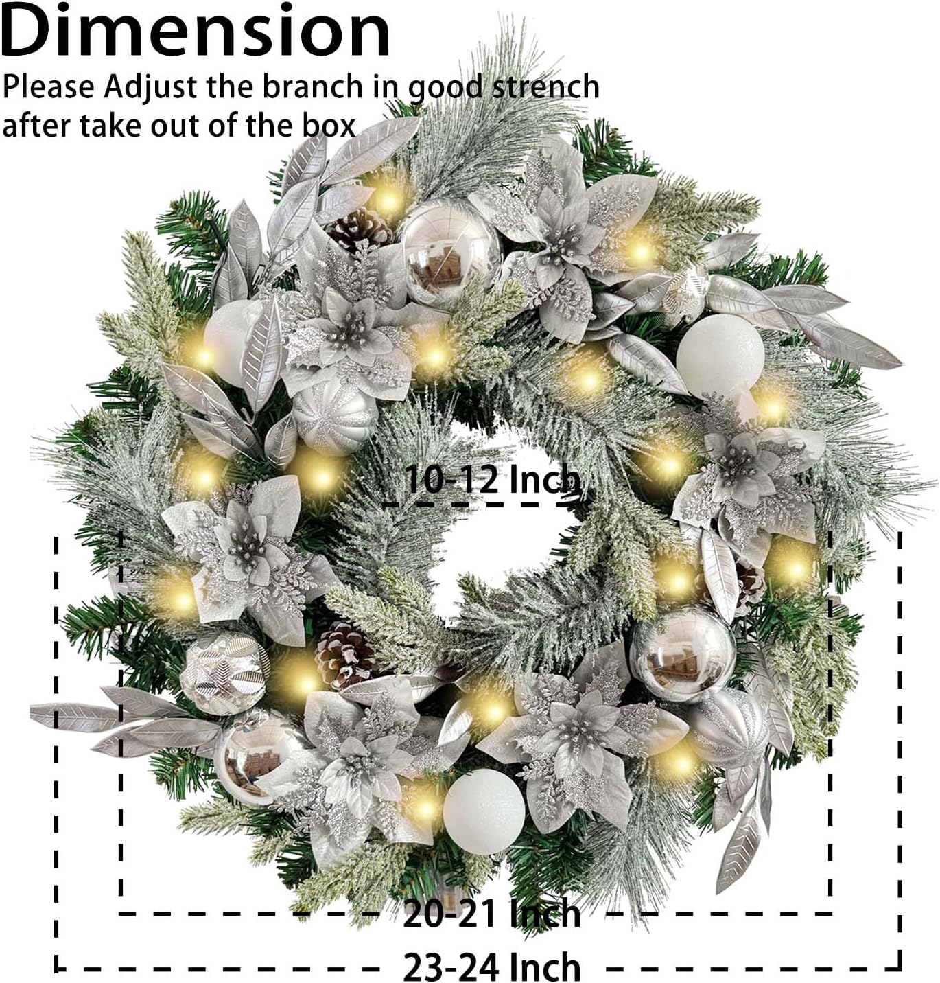 Pre-Lit 24 Inch Lighted Christmas Wreath for Front Door Champagne Gold Christmas Door Wreath Decor with Ball Ornaments, Poinsettia Flowers,Ribbon,Pine Cones,Battery Operated 30 LED Lights
