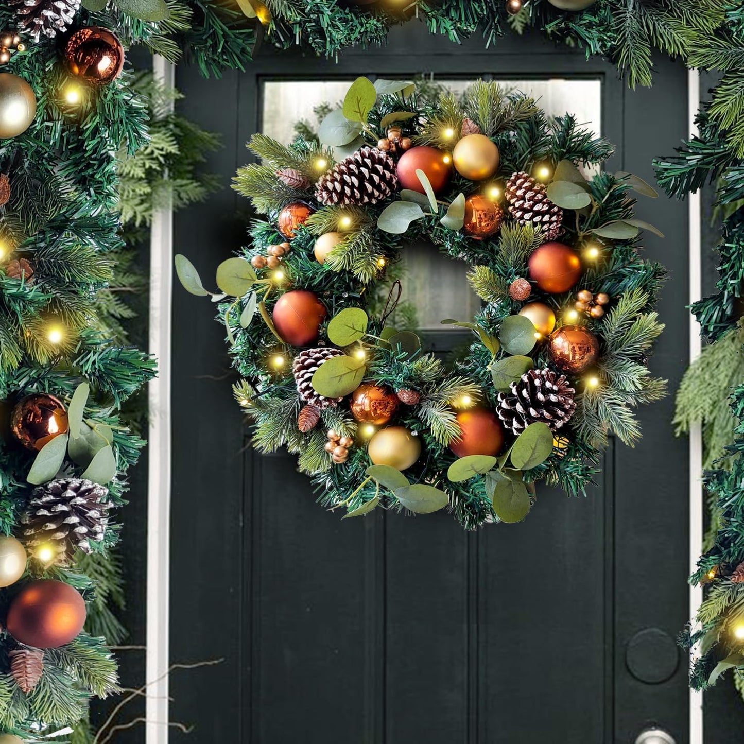 Pre-Lit 24 Inch Lighted Christmas Wreath for Front Door Champagne Gold Christmas Door Wreath Decor with Ball Ornaments, Poinsettia Flowers,Ribbon,Pine Cones,Battery Operated 30 LED Lights