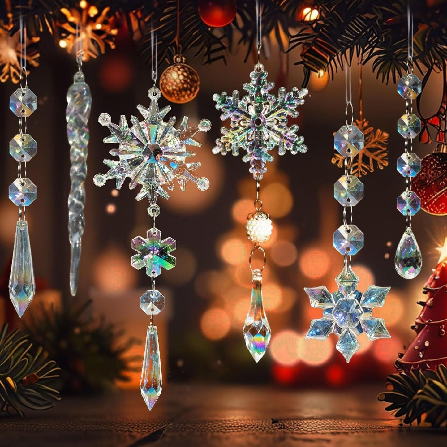 18pcs Christmas Tree Decoration Crystal Ornaments - Hanging Acrylic Christmas Snowflake Icicle Drop Crystal Ornaments for Xmas Tree Winter New Year Party Supplies