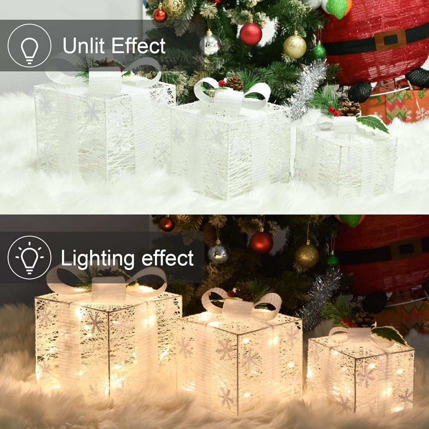 Christmas Joy Lighted Gift Boxes Decorations Set of 3, 2.6Ft Stackable Christmas Nesting Boxes Battery Operated for Home and Party Decoration