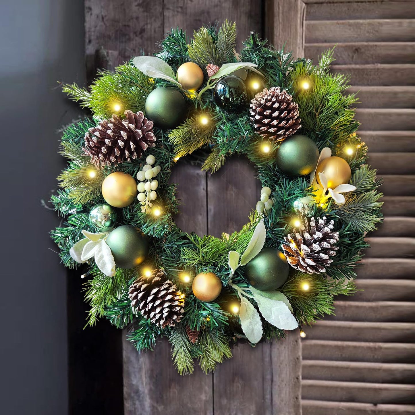 Pre-Lit 24 Inch Lighted Christmas Wreath for Front Door Champagne Gold Christmas Door Wreath Decor with Ball Ornaments, Poinsettia Flowers,Ribbon,Pine Cones,Battery Operated 30 LED Lights
