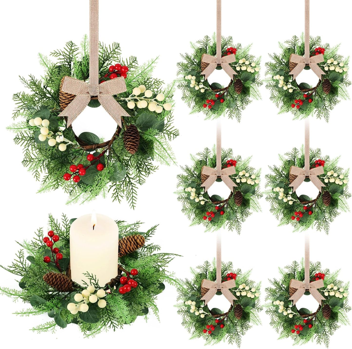 24" Christmas Wreaths for Front Door 2 PCS Christmas Teardrop Swag Winter Wreath with Red Ball Red Berry Pine Needles for Indoor Outdoor Farmhouse Home Wall Window Festival Wedding Decor