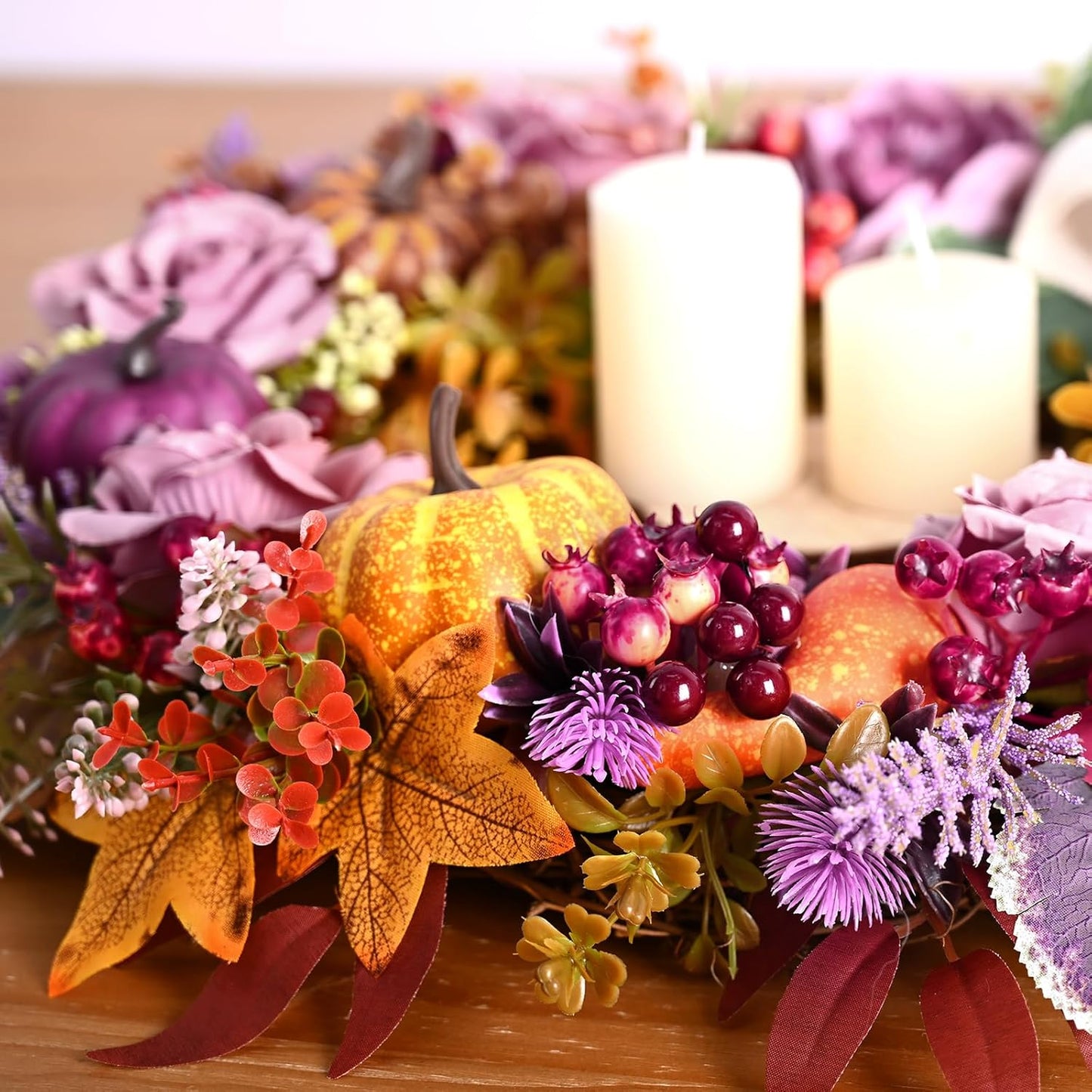 Fall Decor - 2025 Fall Wreaths for Front Door Outside with Blooming Silk Rose, Lifelike Fall Pumpkin Purple Berries & Bow, 18" Fall Door Wreath with Lights for Thanksgiving Door Wall Outside