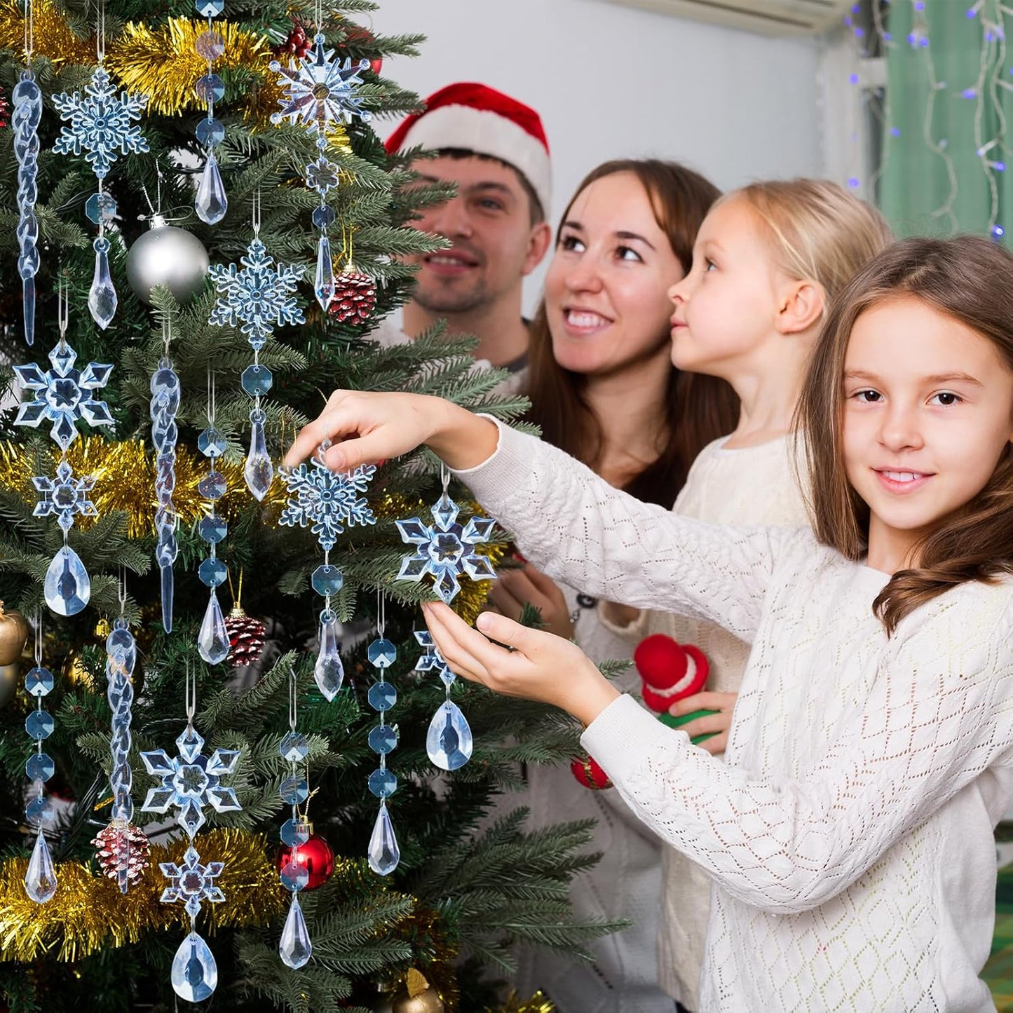 18pcs Christmas Tree Decoration Crystal Ornaments - Hanging Acrylic Christmas Snowflake Icicle Drop Crystal Ornaments for Xmas Tree Winter New Year Party Supplies