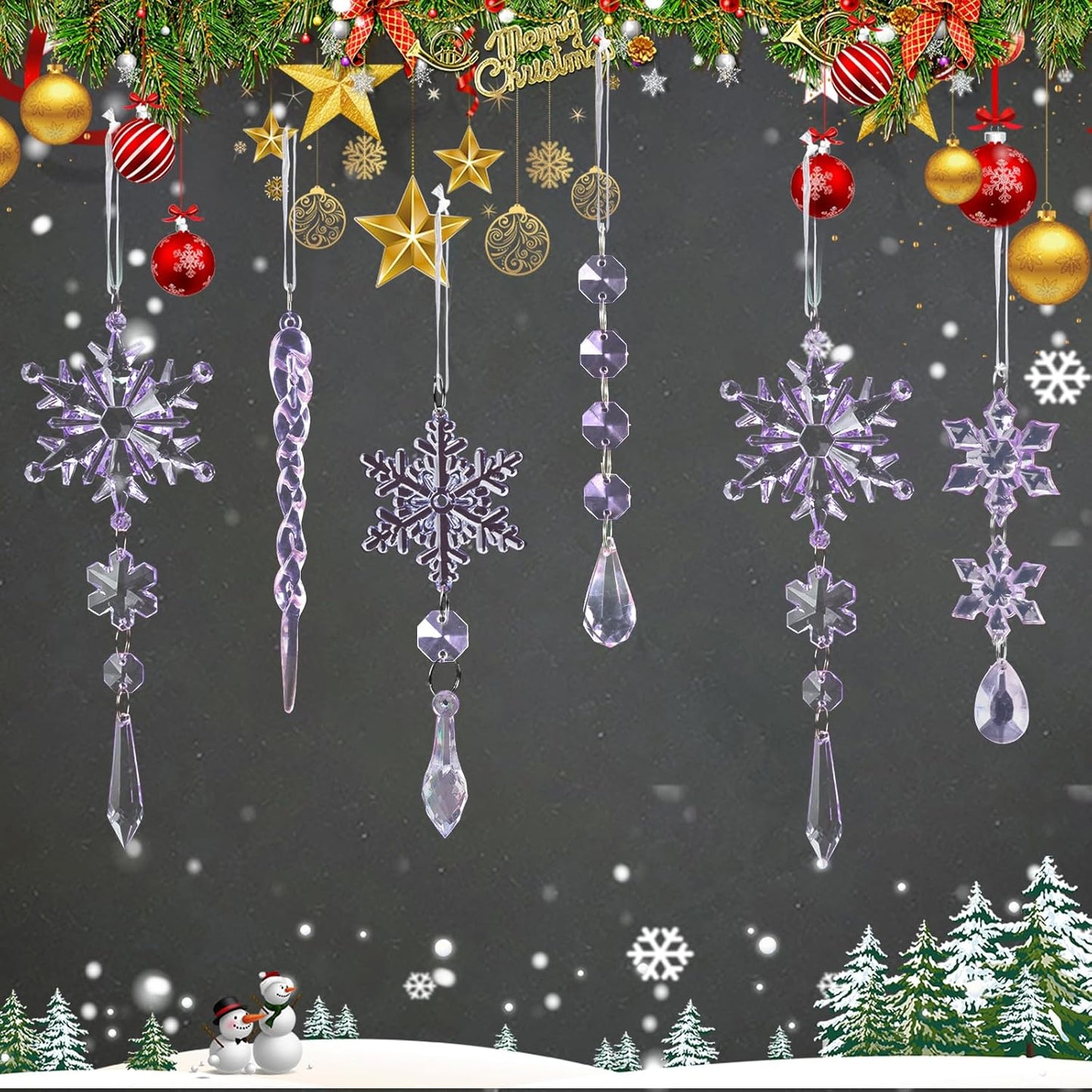 18pcs Christmas Tree Decoration Crystal Ornaments - Hanging Acrylic Christmas Snowflake Icicle Drop Crystal Ornaments for Xmas Tree Winter New Year Party Supplies