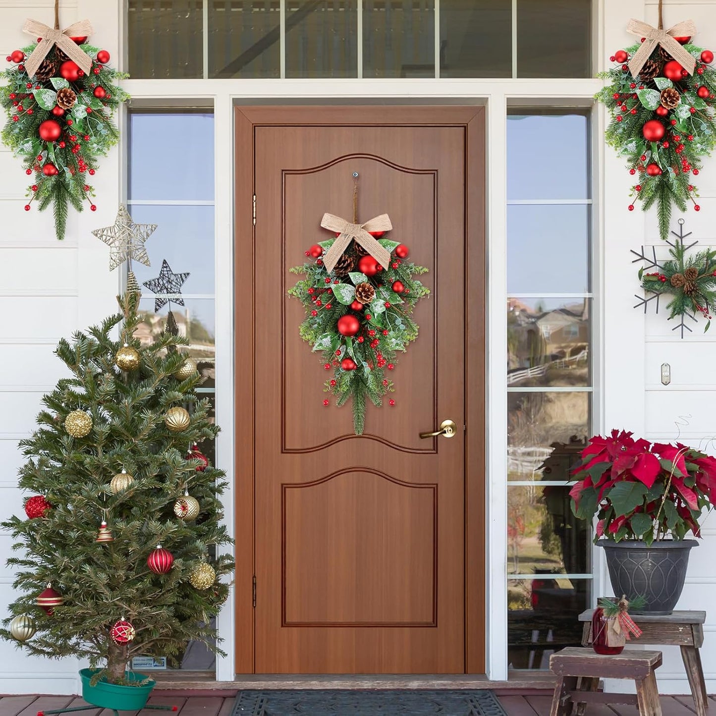 24" Christmas Wreaths for Front Door 2 PCS Christmas Teardrop Swag Winter Wreath with Red Ball Red Berry Pine Needles for Indoor Outdoor Farmhouse Home Wall Window Festival Wedding Decor