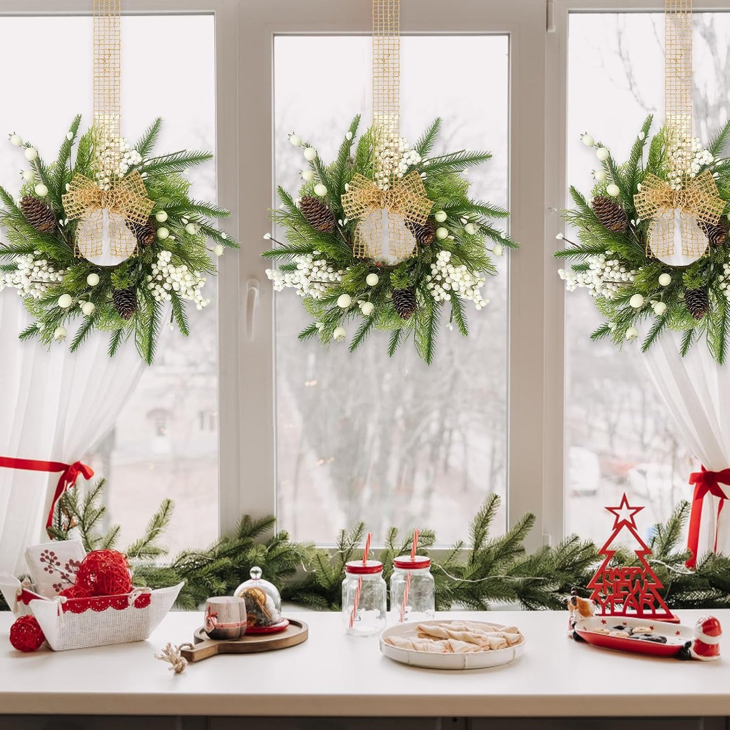 24" Christmas Wreaths for Front Door 2 PCS Christmas Teardrop Swag Winter Wreath with Red Ball Red Berry Pine Needles for Indoor Outdoor Farmhouse Home Wall Window Festival Wedding Decor