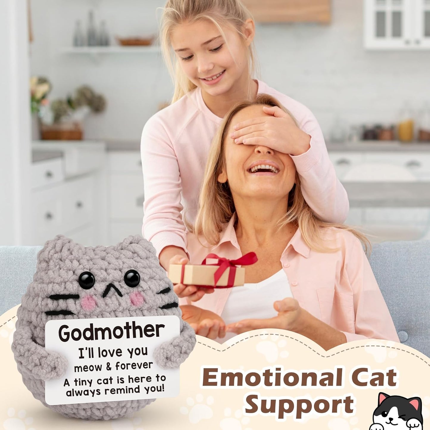 Crochet Cat Easter Basket Stuffers Positive Cat Crochet for Friend for Mom Grandma Dad Grandpa Daughter Son Gifts, Emotional Coworker Sister Brother Support Small Birthday Gifts