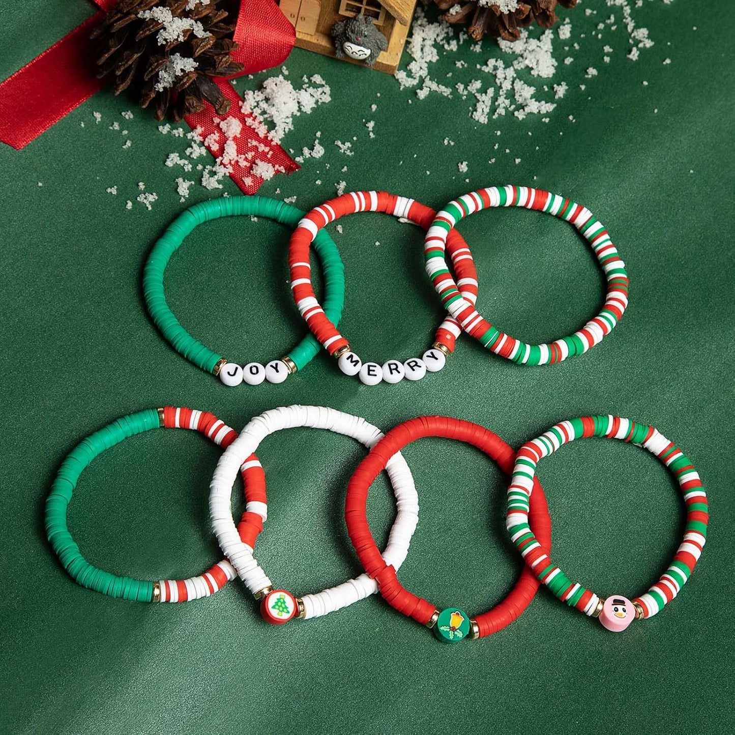 Artlunar 6 Pack Christmas Bracelets: Joy & Merry Candy-Style Stacks for Women & Teens - Perfect Christmas Gifts - Age 3 to Adult
