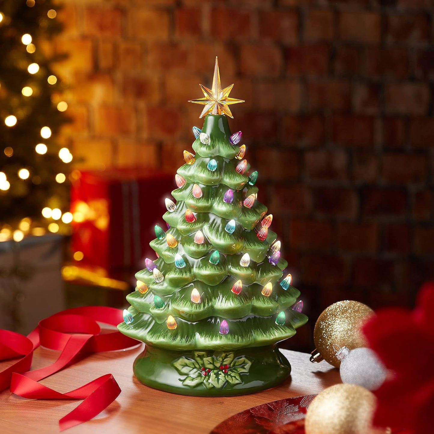 Hand Painted Ceramic Christmas Tree, Pink 15-Inch Pre-Lit Tree with 128 Multi Color Lights and 2 Star Toppers