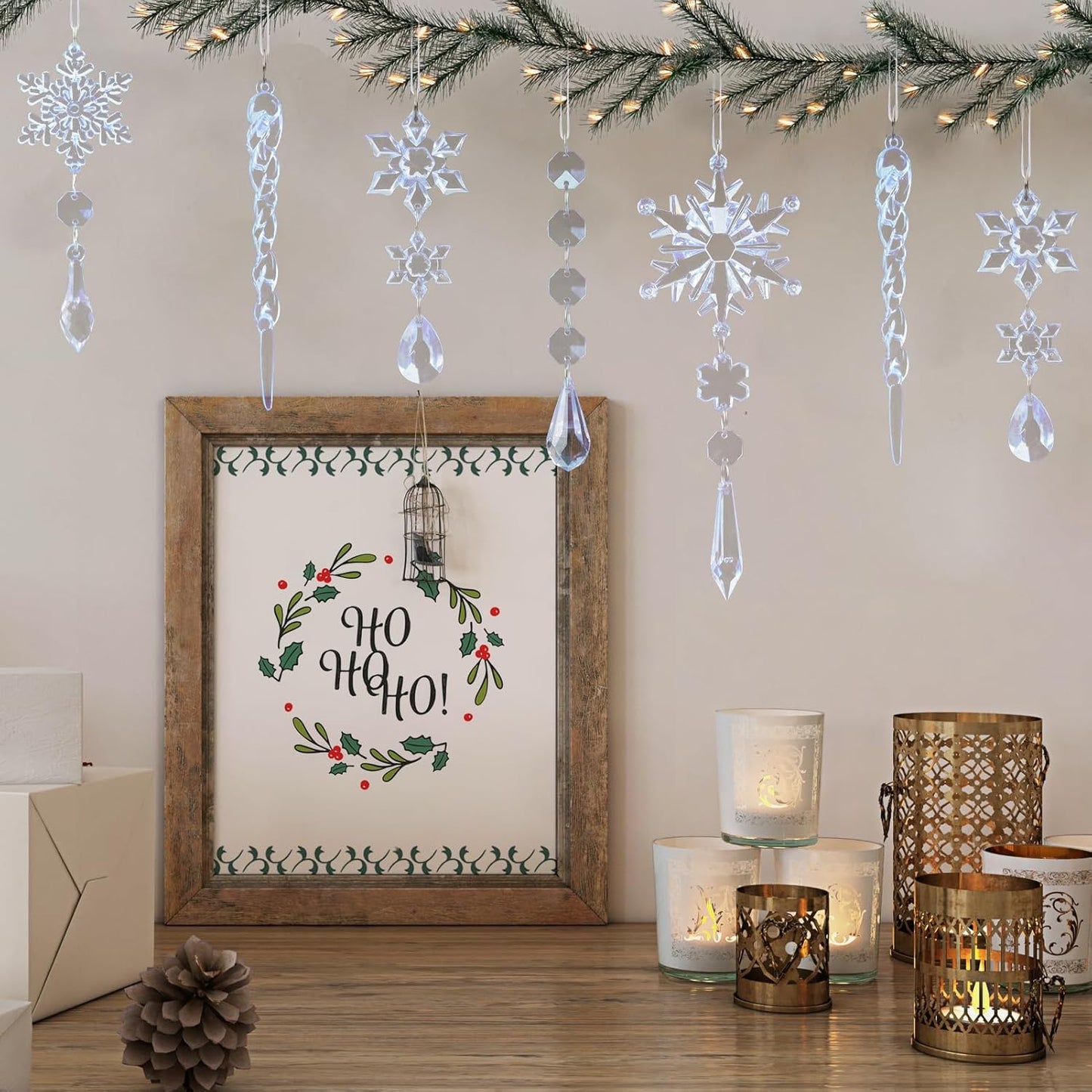 18pcs Christmas Tree Decoration Crystal Ornaments - Hanging Acrylic Christmas Snowflake Icicle Drop Crystal Ornaments for Xmas Tree Winter New Year Party Supplies