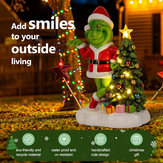 Solar Garden Outdoor Statues Green Monster with Christmas Tree and 6 LED Lights-Christmas Lawn Deco Statue for Patio, Balcony - Unique Christmas Housewarming Gifts