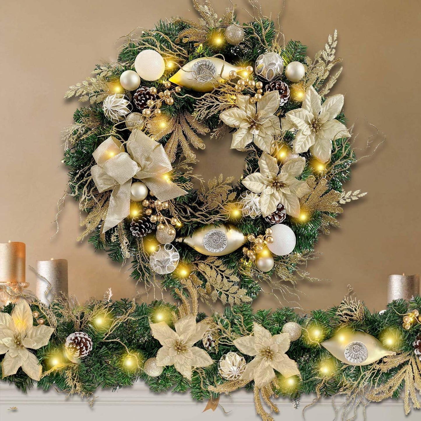 Pre-Lit 24 Inch Lighted Christmas Wreath for Front Door Champagne Gold Christmas Door Wreath Decor with Ball Ornaments, Poinsettia Flowers,Ribbon,Pine Cones,Battery Operated 30 LED Lights