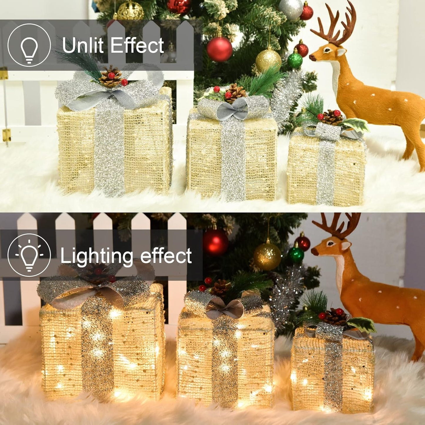 Christmas Joy Lighted Gift Boxes Decorations Set of 3, 2.6Ft Stackable Christmas Nesting Boxes Battery Operated for Home and Party Decoration
