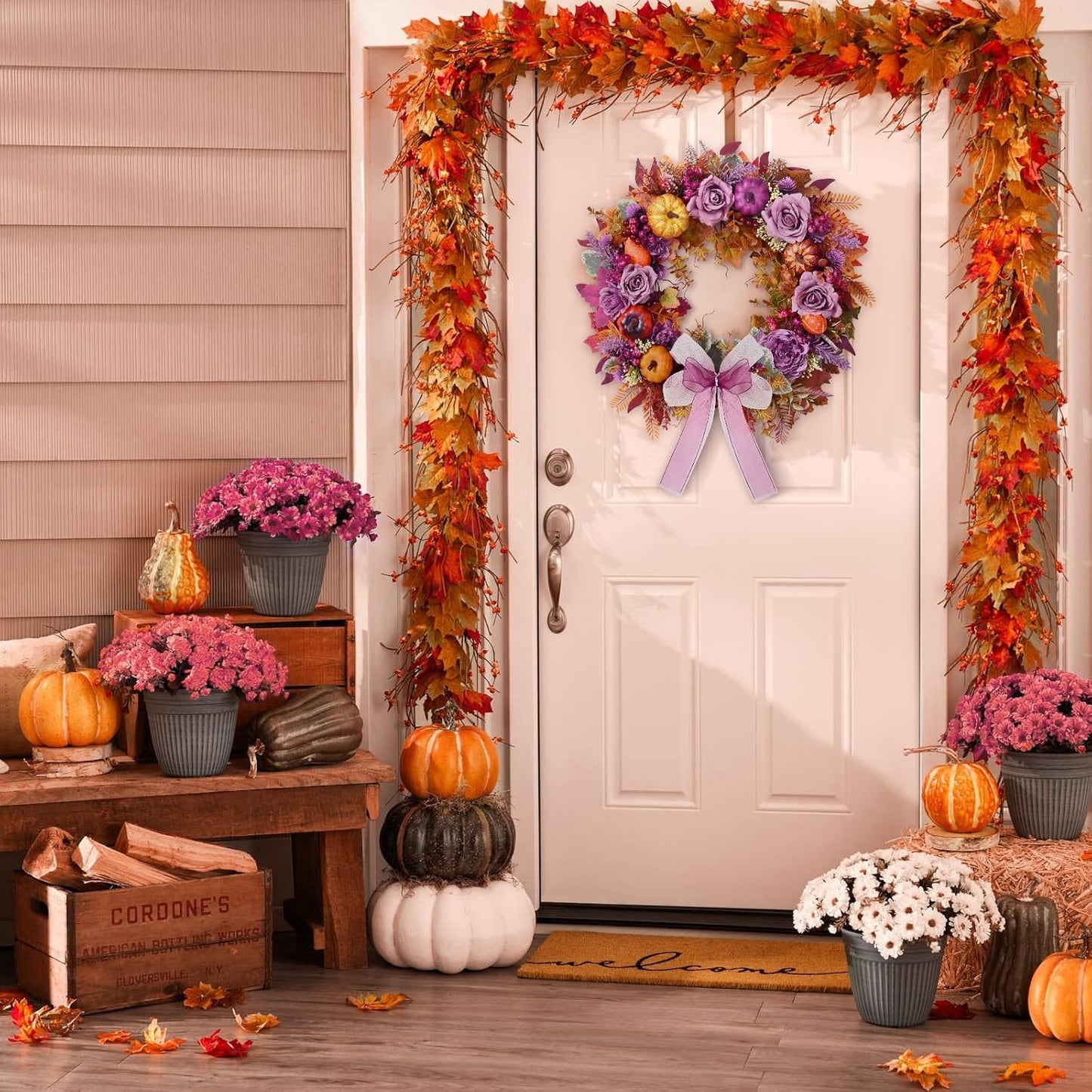 Fall Decor - 2025 Fall Wreaths for Front Door Outside with Blooming Silk Rose, Lifelike Fall Pumpkin Purple Berries & Bow, 18" Fall Door Wreath with Lights for Thanksgiving Door Wall Outside
