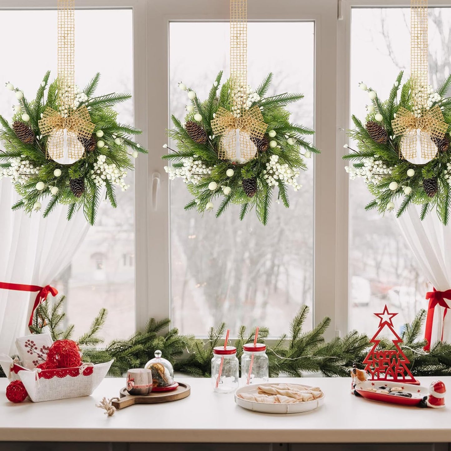 24" Christmas Wreaths for Front Door 2 PCS Christmas Teardrop Swag Winter Wreath with Red Ball Red Berry Pine Needles for Indoor Outdoor Farmhouse Home Wall Window Festival Wedding Decor