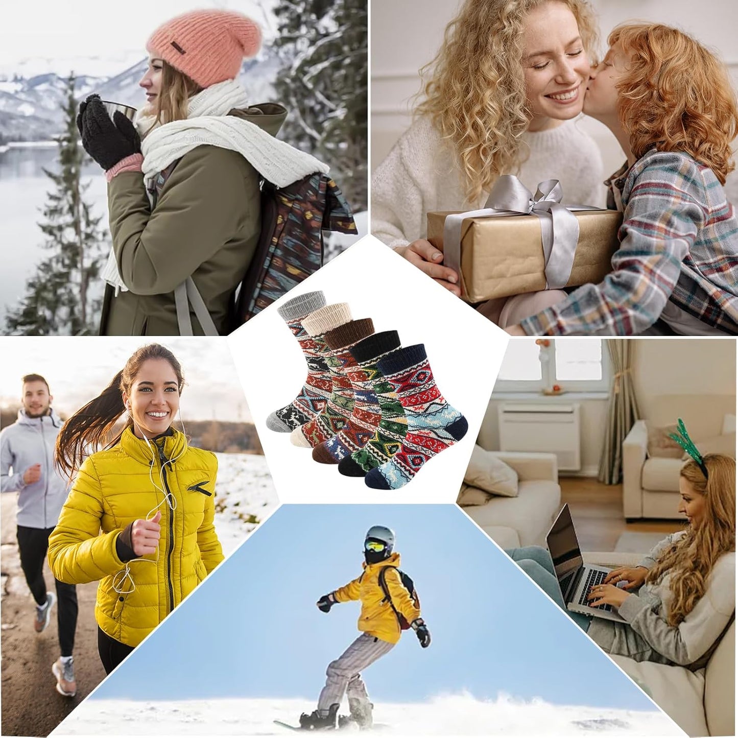 5Pairs Free Size Fuzzy Socks Soft Wool Crew Warm Socks for Women Winter Multicolor Christmas Womens Winter Socks Gift Box