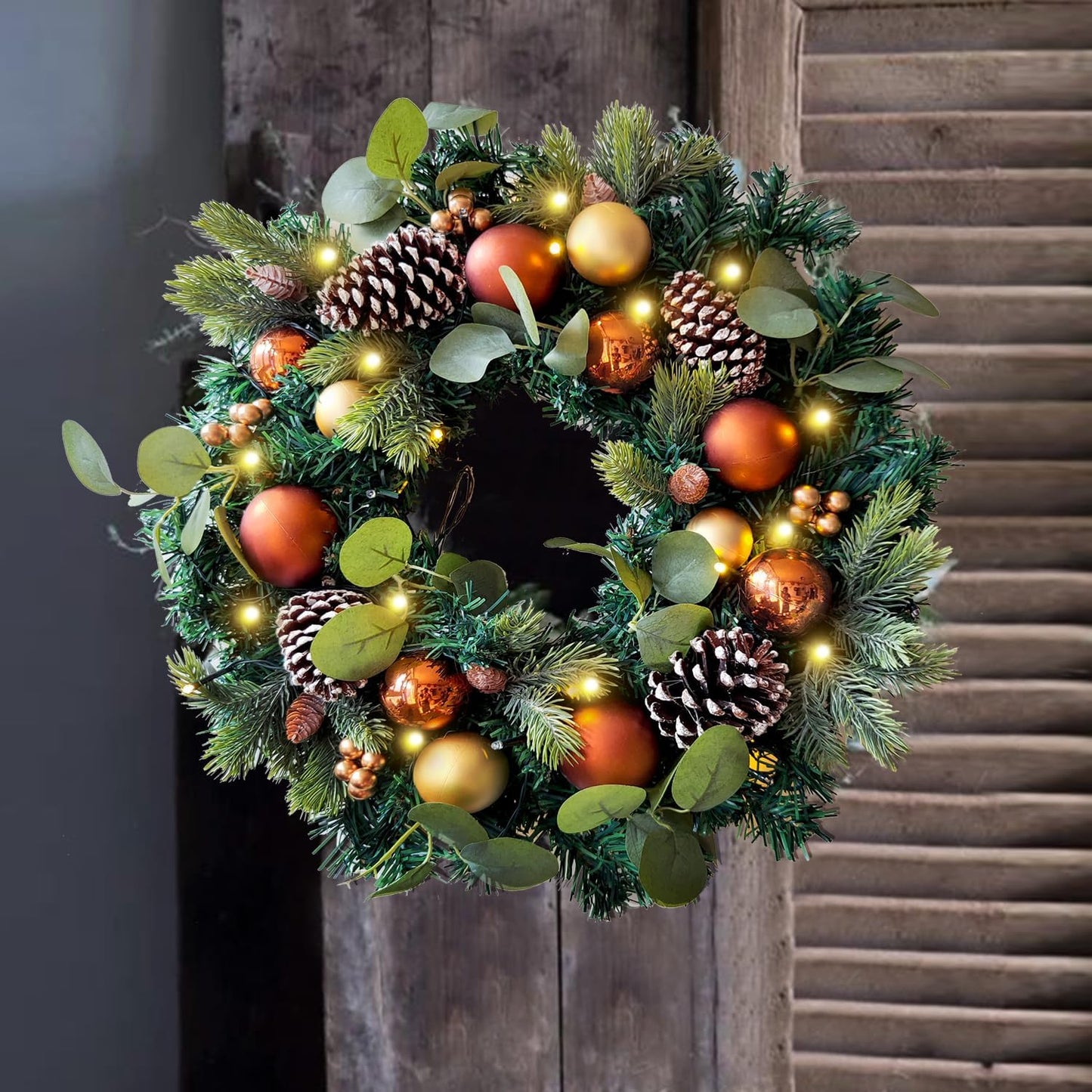 Pre-Lit 24 Inch Lighted Christmas Wreath for Front Door Champagne Gold Christmas Door Wreath Decor with Ball Ornaments, Poinsettia Flowers,Ribbon,Pine Cones,Battery Operated 30 LED Lights