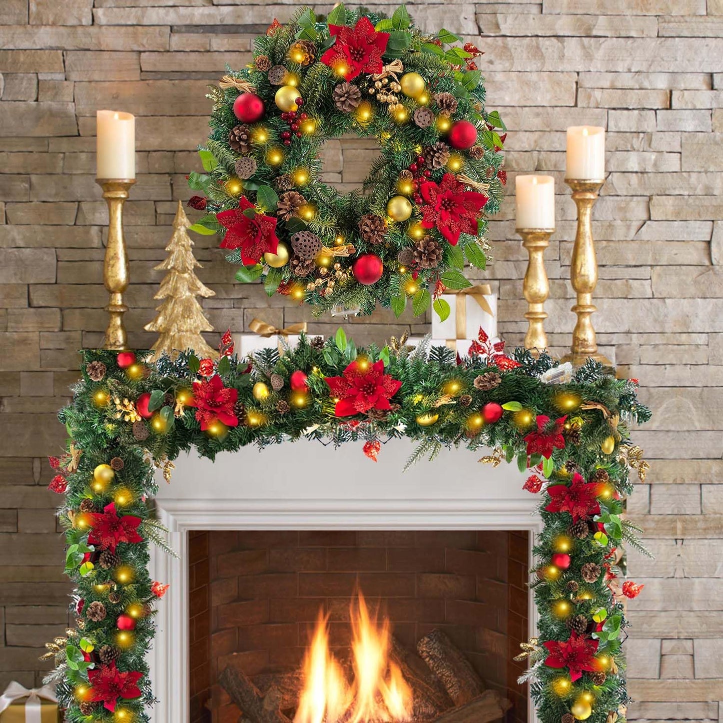 Pre-Lit 24 Inch Lighted Christmas Wreath for Front Door Champagne Gold Christmas Door Wreath Decor with Ball Ornaments, Poinsettia Flowers,Ribbon,Pine Cones,Battery Operated 30 LED Lights