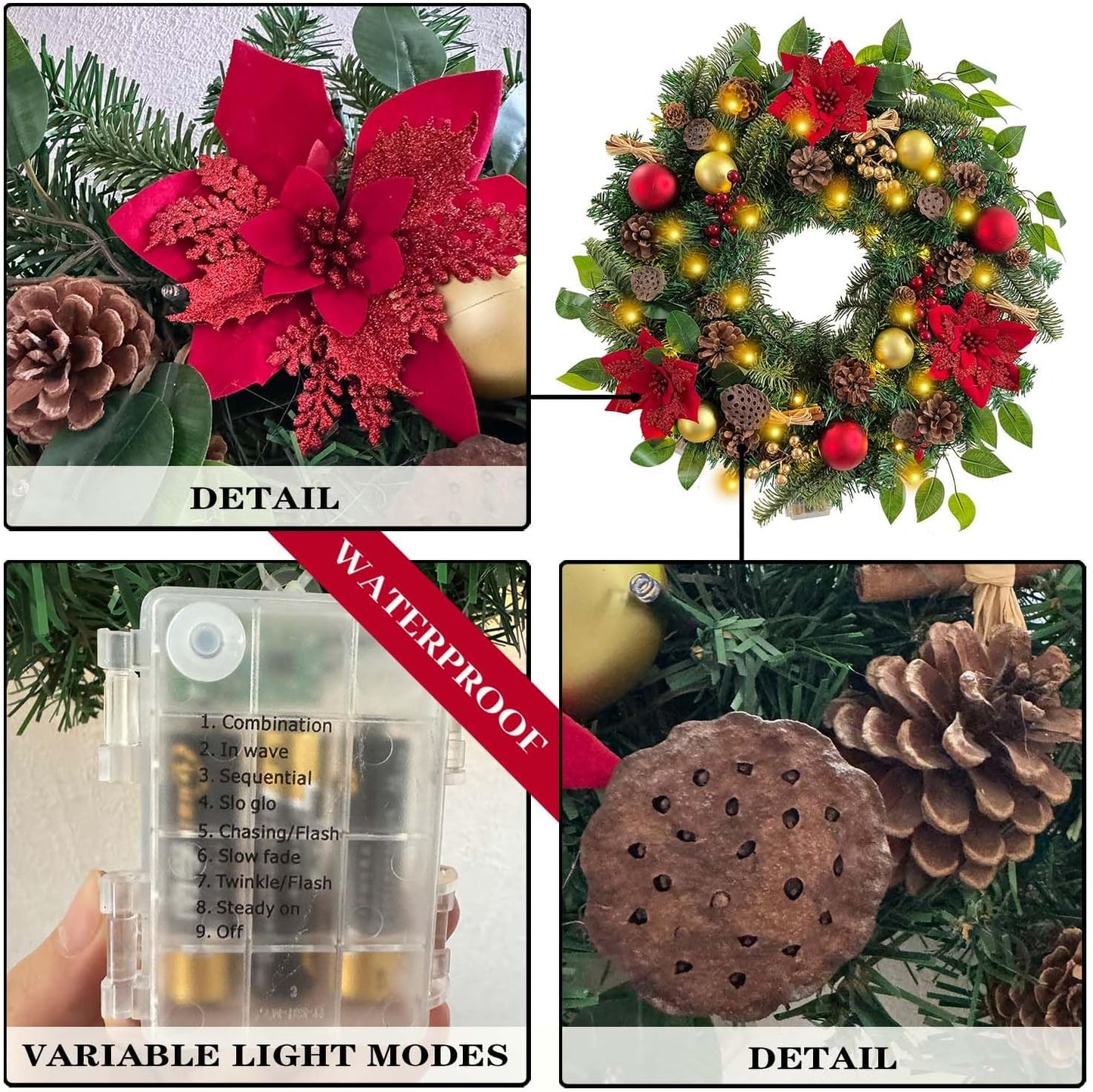 Pre-Lit 24 Inch Lighted Christmas Wreath for Front Door Champagne Gold Christmas Door Wreath Decor with Ball Ornaments, Poinsettia Flowers,Ribbon,Pine Cones,Battery Operated 30 LED Lights