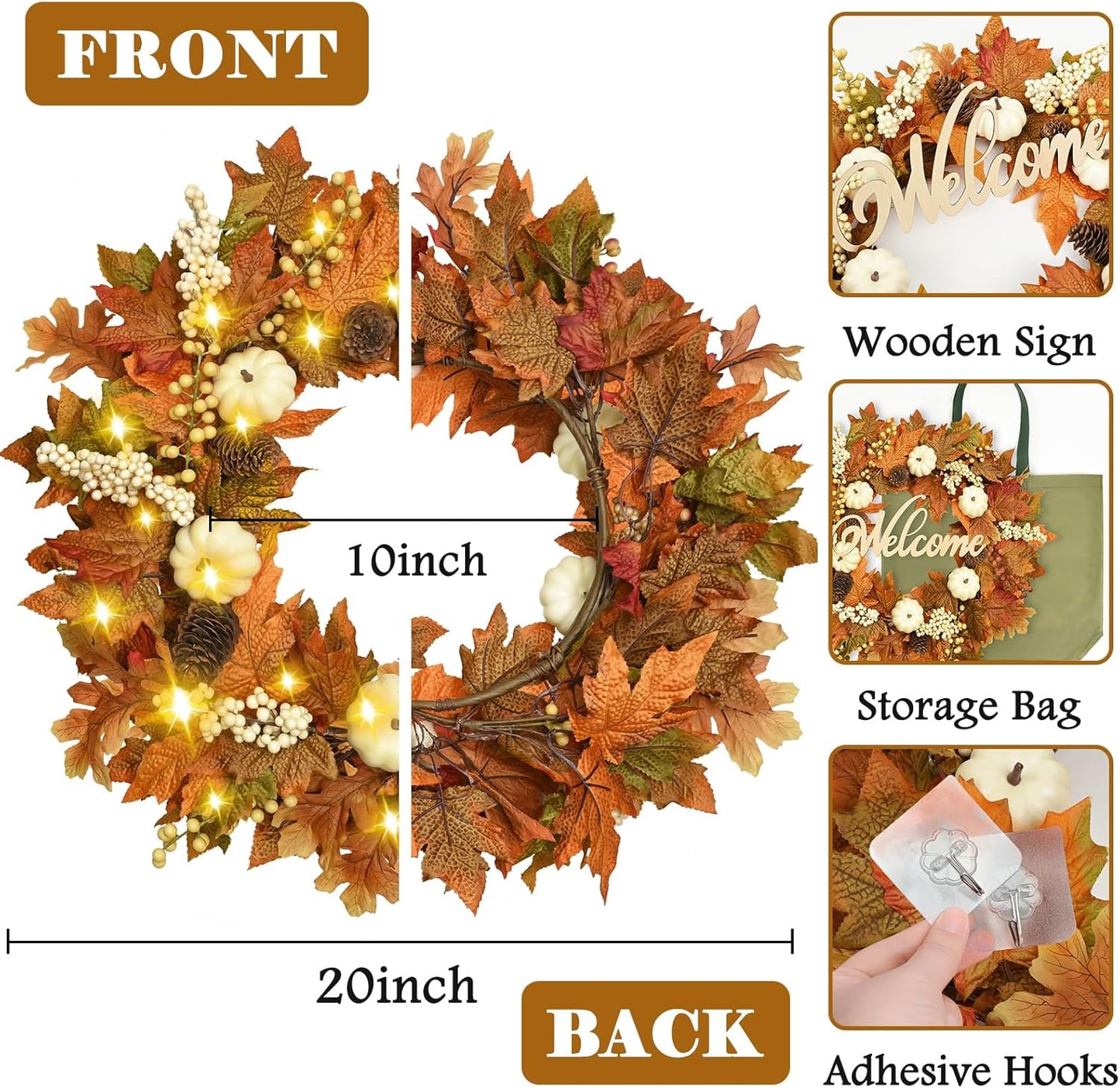 Waipfaru Fall Wreaths for Front Door - 20'' Autumn Wreath with Lights & Welcome Sign & Timer Function, Fall Leaf Reef Farmhouse Thanksgiving Decor for Outdoor Porch Patio