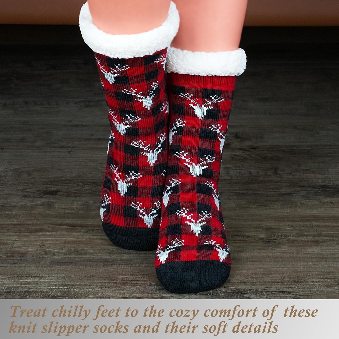 Women's Fuzzy Slipper Socks with Non-Slip Grippers, Cozy Fluffy Sherpa Lined, Cute Christmas Gifts