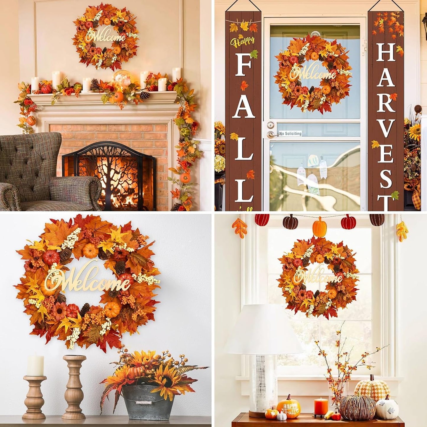 Waipfaru Fall Wreaths for Front Door - 20'' Autumn Wreath with Lights & Welcome Sign & Timer Function, Fall Leaf Reef Farmhouse Thanksgiving Decor for Outdoor Porch Patio