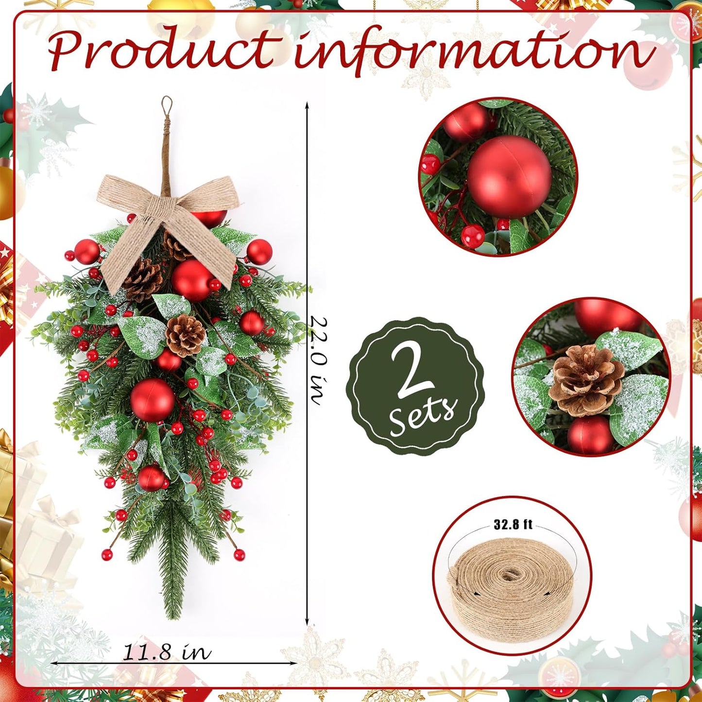 24" Christmas Wreaths for Front Door 2 PCS Christmas Teardrop Swag Winter Wreath with Red Ball Red Berry Pine Needles for Indoor Outdoor Farmhouse Home Wall Window Festival Wedding Decor