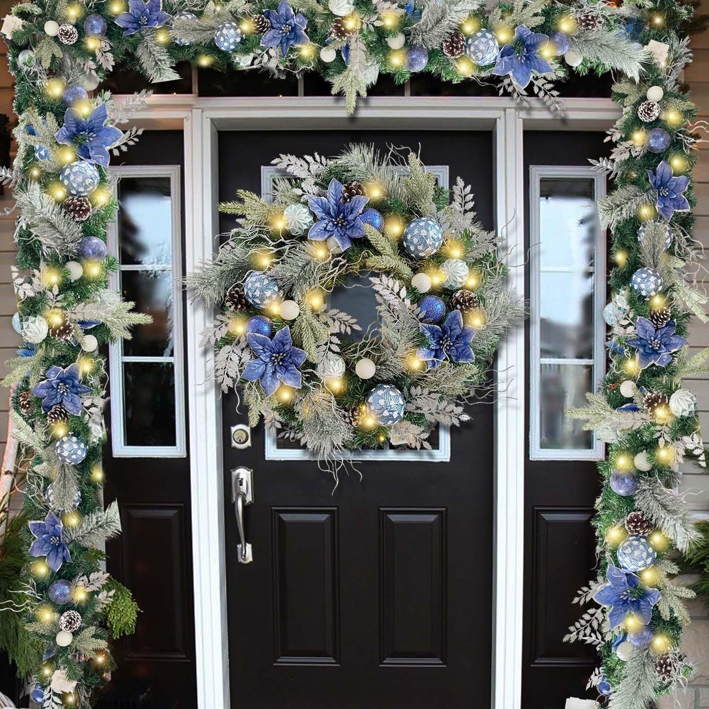 Pre-Lit 24 Inch Lighted Christmas Wreath for Front Door Champagne Gold Christmas Door Wreath Decor with Ball Ornaments, Poinsettia Flowers,Ribbon,Pine Cones,Battery Operated 30 LED Lights