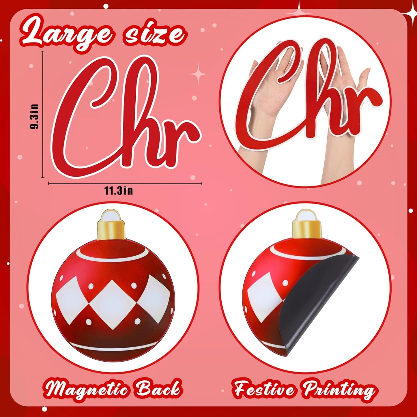 90shine 32PCS Christmas Garage Door Decorations Magnets - Merry Xmas Ball Holiday Refrigerator Fridge Kitchen Decor(Red, Silver)