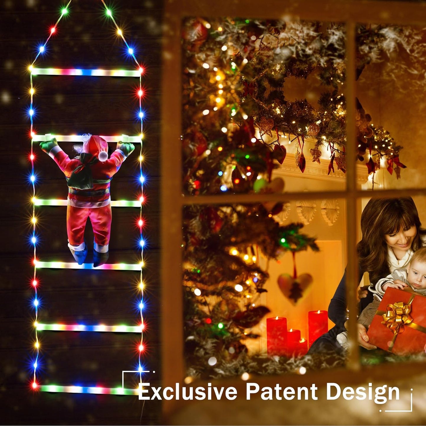 LED Christmas Lights - 10ft Christmas Decorative Ladder Lights with Santa Claus, Xmas Decorations Light for Indoor Outdoor, Window, Garden, Home, Wall, Xmas Tree Decor - Warm White