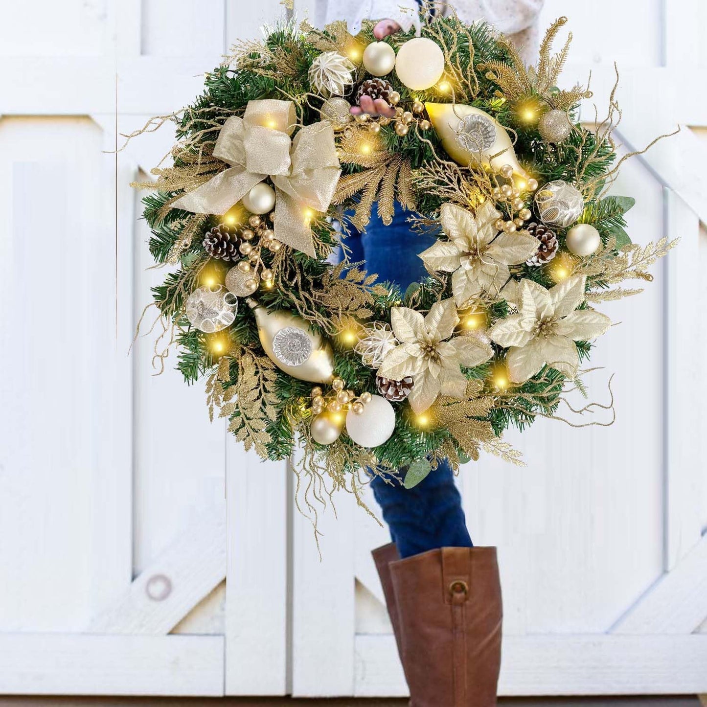Pre-Lit 24 Inch Lighted Christmas Wreath for Front Door Champagne Gold Christmas Door Wreath Decor with Ball Ornaments, Poinsettia Flowers,Ribbon,Pine Cones,Battery Operated 30 LED Lights