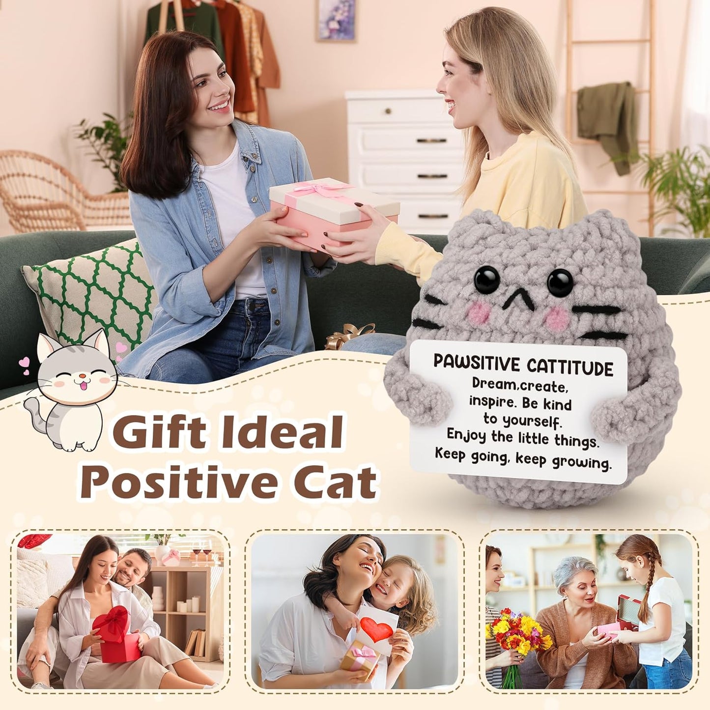 Crochet Cat Easter Basket Stuffers Positive Cat Crochet for Friend for Mom Grandma Dad Grandpa Daughter Son Gifts, Emotional Coworker Sister Brother Support Small Birthday Gifts