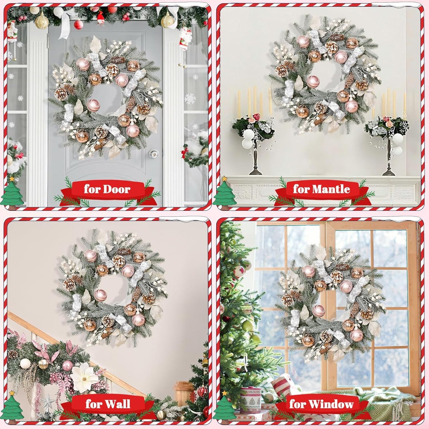 20" Christmas Wreath with Balls, Christmas Door Wreath with Bow Ribbon Berries & Pine Cones Xmas Wreaths for Front Door Wall Home Outdoor Decor