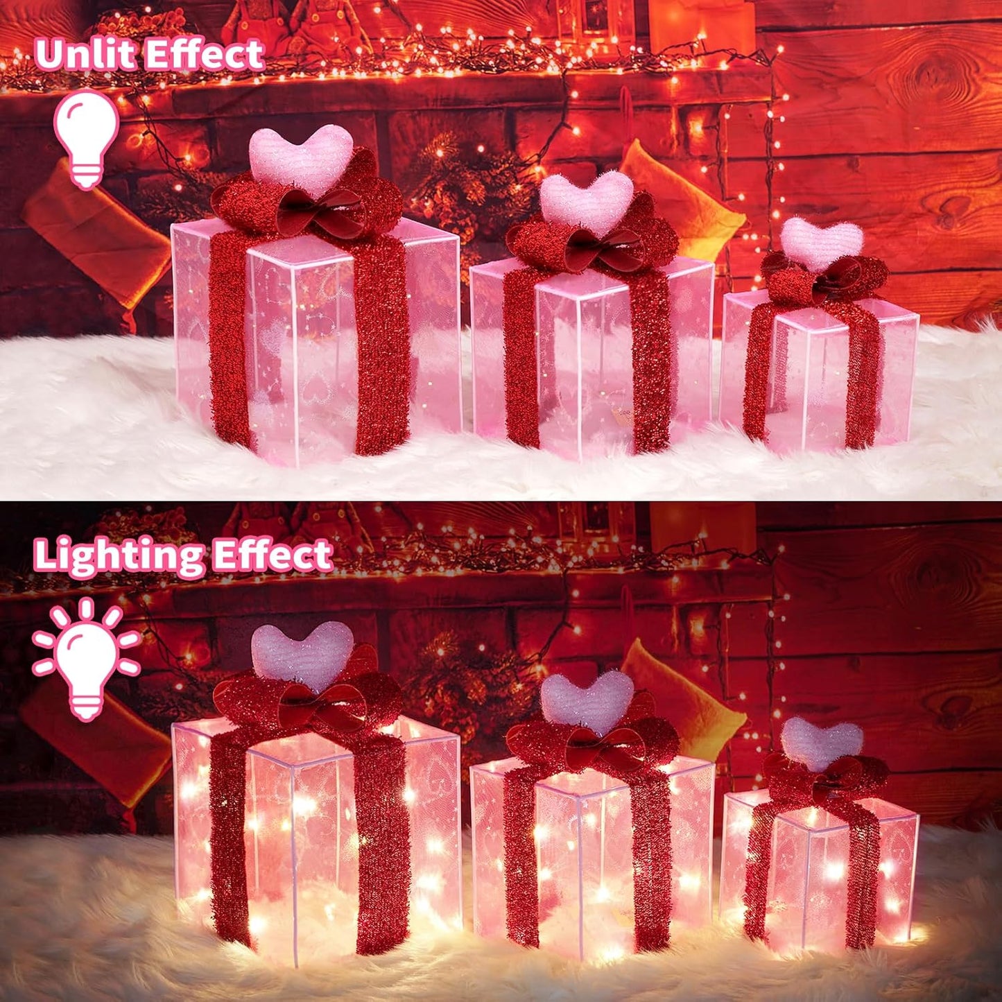 Christmas Joy Lighted Gift Boxes Decorations Set of 3, 2.6Ft Stackable Christmas Nesting Boxes Battery Operated for Home and Party Decoration