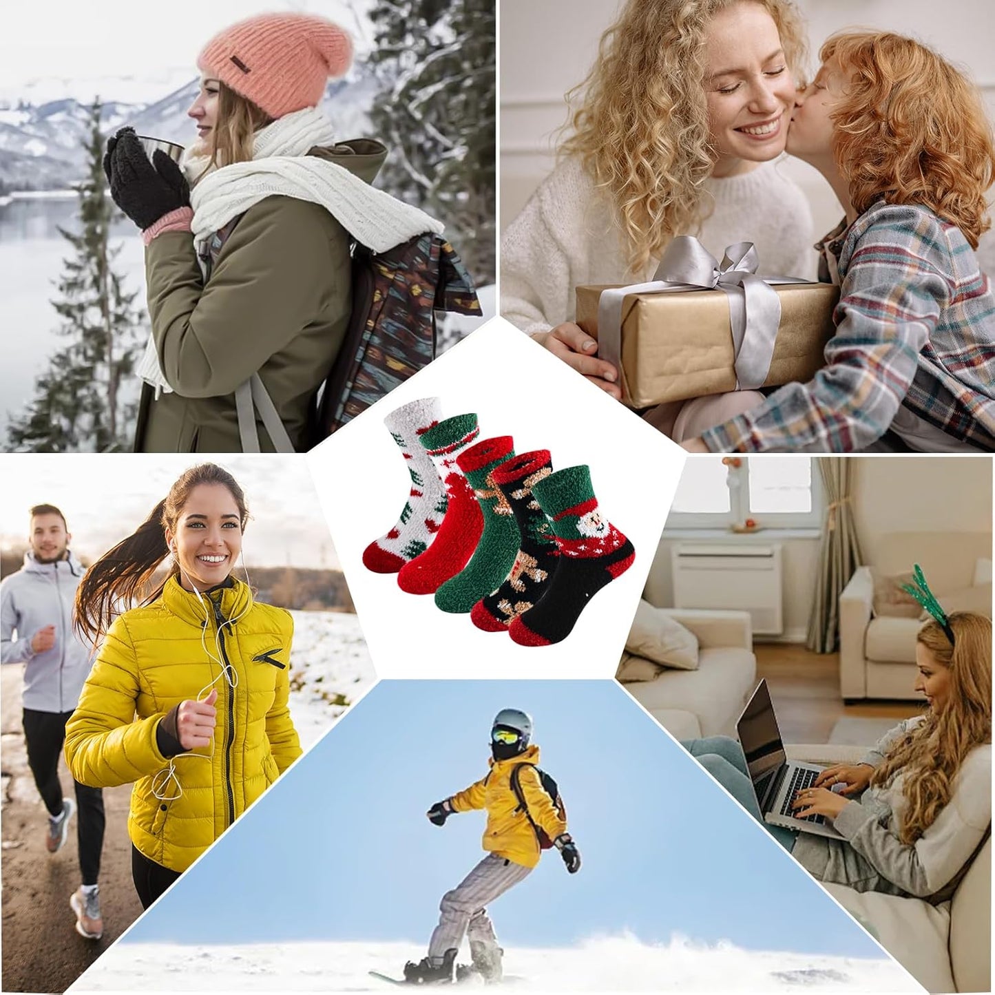 5Pairs Free Size Fuzzy Socks Soft Wool Crew Warm Socks for Women Winter Multicolor Christmas Womens Winter Socks Gift Box