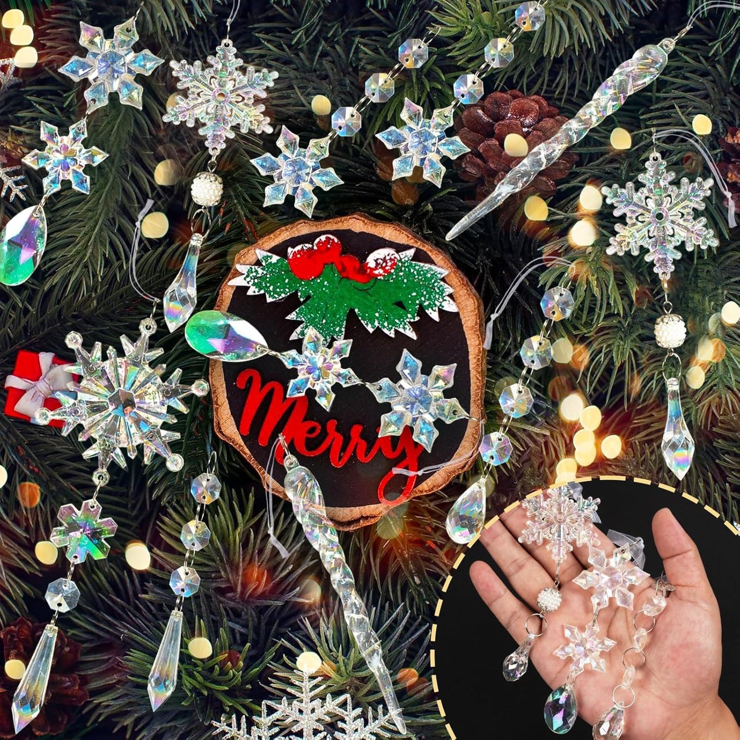 18pcs Christmas Tree Decoration Crystal Ornaments - Hanging Acrylic Christmas Snowflake Icicle Drop Crystal Ornaments for Xmas Tree Winter New Year Party Supplies