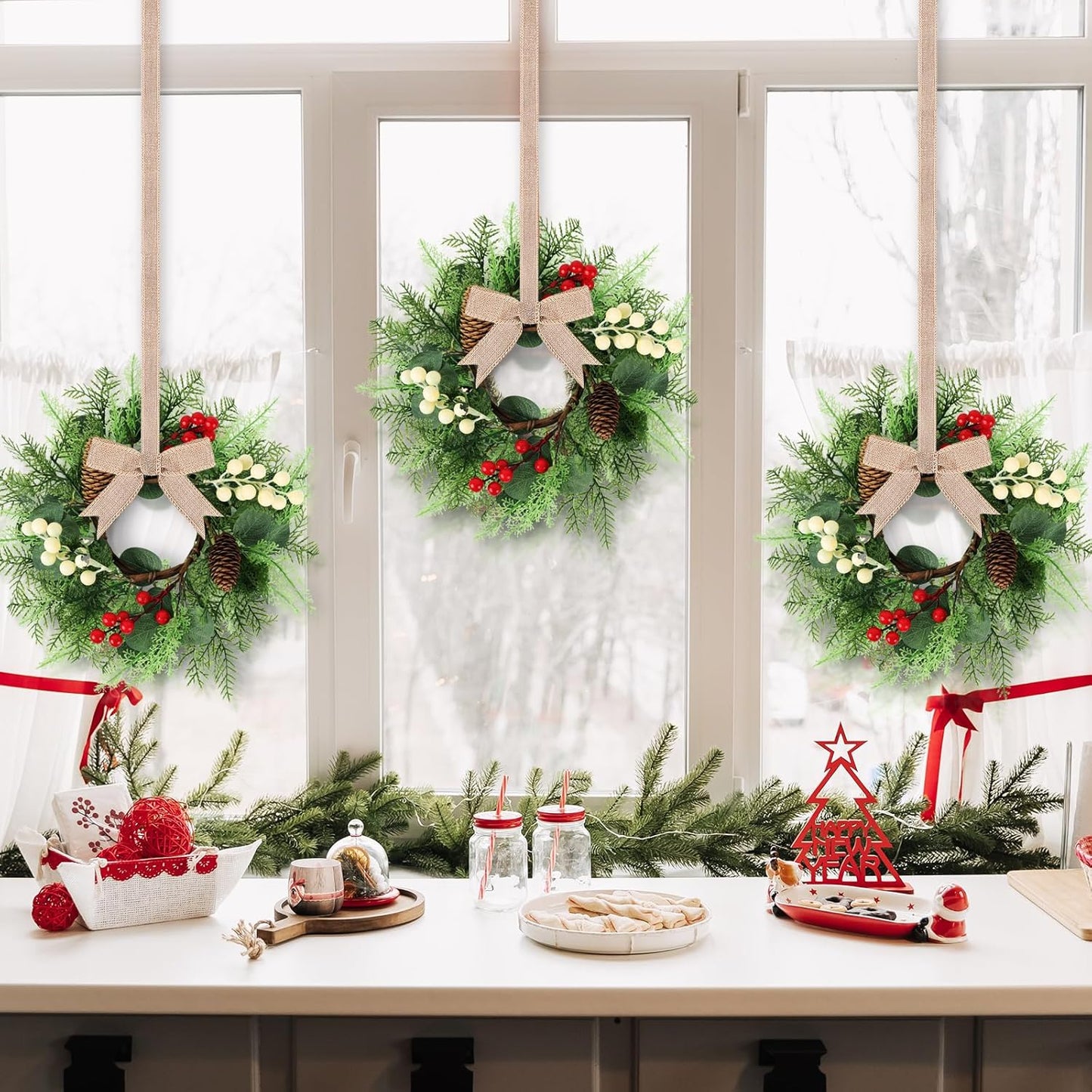 24" Christmas Wreaths for Front Door 2 PCS Christmas Teardrop Swag Winter Wreath with Red Ball Red Berry Pine Needles for Indoor Outdoor Farmhouse Home Wall Window Festival Wedding Decor